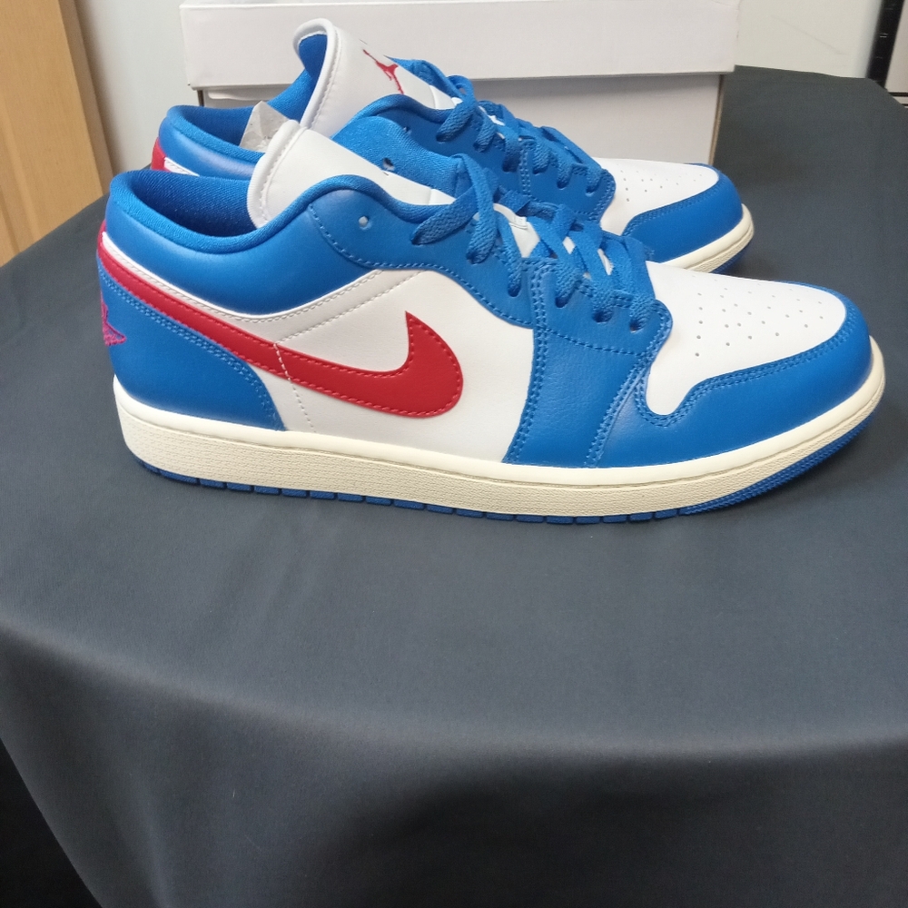Blue and White Sneakers with Red Accents